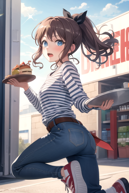 <lora:Saaya-02:0.7>, saaya, 1girl, solo, long hair, looking at viewer, blush, open mouth, blue eyes, brown hair, shirt, long sleeves, bow, holding, ponytail, hair bow, sidelocks, outdoors, food, shoes, day, striped, belt, pants, blue sky, sparkle, blue bow, sneakers, vertical stripes, tray, jeans, striped shirt, vertical-striped shirt, shop, tongs