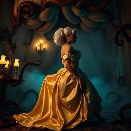 Sexy, sultry, (Female, 1girl):1.3, (satin highly detailed georgian gown):1.3, (Huge breasts, big boobs, Large breasts), (firm Round perky breasts:1.2), (posturecollar):1.25, (, slim waist:1.35). Hair in large updo. kneeling at giant slime pillow, surrounded by tentacles, lifted skirt, high heels, fog, horror, under giant slime pillow canopy, mirrors
Rembrandt Lighting Style, great lighting. At twilight, in victorian mansion sideview
Ultra realistic, 8k, uhd, best quality, best resolution, lifelike, white wig, ent over, on all fours, 
large breasts, big boobs, huge tits, georgian gown,