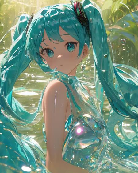 watermiku, A Hatsune Miku whose body is made of water, romanticized realism, surrounded by a lot of water, cartooncore, 1girl, solo, hatsune miku, hair made of water, breasts, bangs, twintails, medium breasts, upper body, water, from side, aqua eyes, water drop, liquid hair,body edge light,beautiful ballet performance, (elegant:1.2), dancers, stage, fluid movement, grace, spotlight,Close-up,Canon EOS 5D Mark IV + 50mm f/1.4 lens,<lora:watermikuV11_SDXL_lora-000006:0.6>