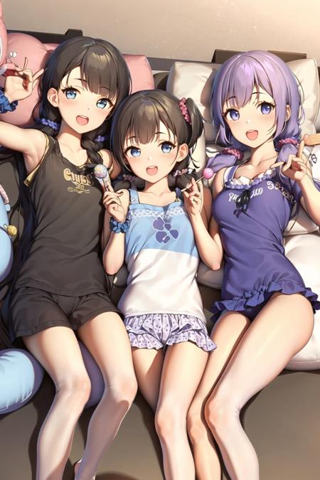 multiple girls, black hair, 3girls, scrunchie, smile, purple eyes, stuffed toy, brown hair, candy, open mouth, twintails, lying, stuffed animal, :d, wrist scrunchie, braid, food, stuffed bunny, blush, long hair, blue eyes, low twintails, looking at viewer, pillow, brown eyes, on back, lollipop, object hug, twin braids, hair ornament, on side, yellow eyes, collarbone, bed sheet, ribbon, hair scrunchie, bangs, hair ribbon, breasts, (masterpiece,best quality)