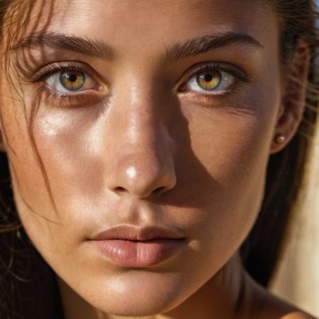 Close-up, intense gaze, every strand of hair visible, high texture skin, subtle reflections in iris, intricate ear jewelry, natural light, shadow play on facial features, delicate freckles, fine lines, emotional depth in expression, realism pushed to its limits.