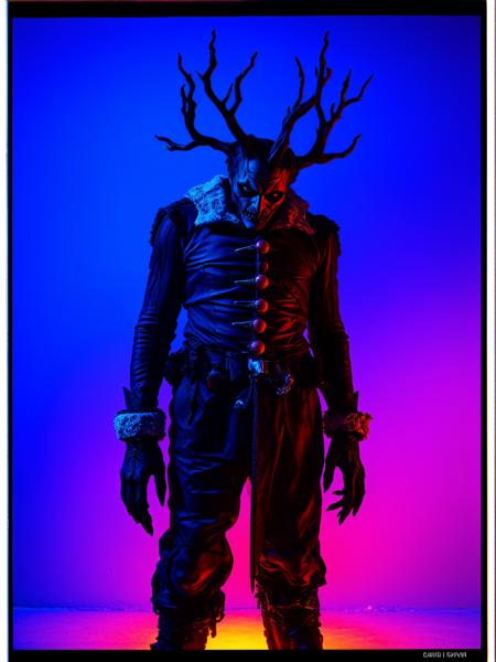 A dark, imposing figure with leathery, cracked skin and flaming pustules, dressed in a twisted Christmas outfit, stands against a vibrant, neon azure background, reminiscent of a David Lynch film, with bold, high-contrast lighting and a warm, golden glow from a low-placed, softbox light source, casting long shadows, while a faint, cool blue backlight accentuates the figure's eerie presence, amidst a subtle, cinematic film grain and muted, desaturated color grading, evoking a sense of unease and foreboding.