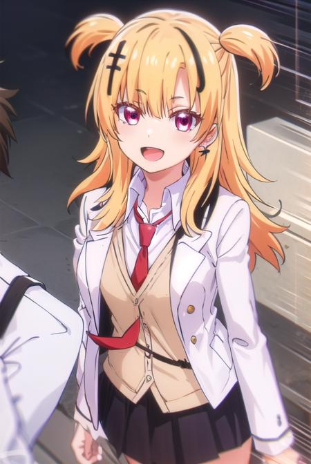 somalilonghaired, <lora:somali longhaired s1-lora-nochekaiser:1>,
somali longhaired, long hair, blonde hair, hair ornament, (red eyes:1.3), two side up, cross hair ornament, smile, open mouth,
BREAK skirt, shirt, thighhighs, jewelry, school uniform, jacket, pleated skirt, earrings, necktie, striped, pants, black skirt, blazer, red necktie, (white jacket:1.5),
BREAK indoors, classroom,
BREAK looking at viewer, (cowboy shot:1.5),
BREAK <lyco:GoodHands-beta2:1>, (masterpiece:1.2), best quality, high resolution, unity 8k wallpaper, (illustration:0.8), (beautiful detailed eyes:1.6), extremely detailed face, perfect lighting, extremely detailed CG, (perfect hands, perfect anatomy),