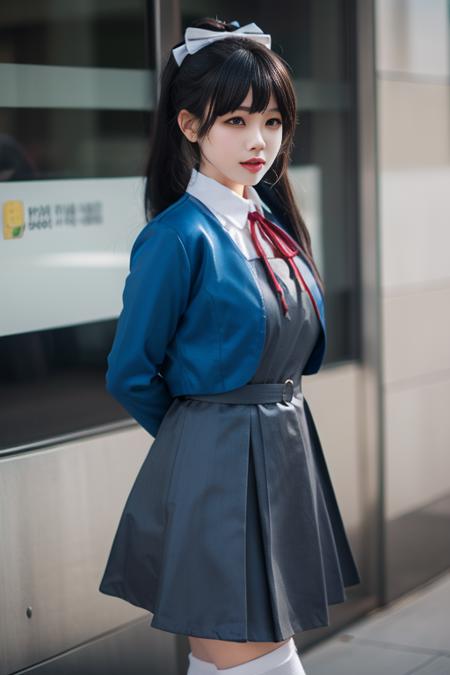 1girl, solo,hazuki ren,cosplay, black hair,long hair,high ponytail, white hair bow, blunt bangs, yuigaoka school uniform,school uniform, blue jacket, red neck ribbon, black loafers, white socks, long sleeves, white collared shirt, grey dress, open jacket, pinafore dress,