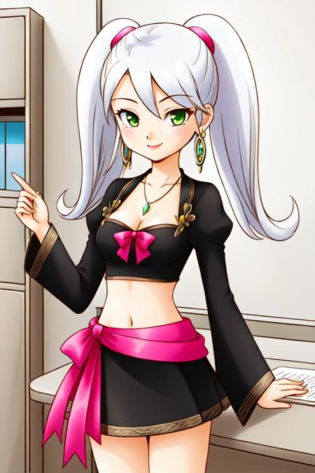 holvalice, white hair, twintails, pink scrunchies, green eyes, earrings, necklace, black crop top, juliet sleeves, long sleeves, brooch, midriff, cleavage, short skirt, black skirt, waist bow, pink bow, tiara, earrings, necklace, wedding dress, white dress, bare shoulders, sleeveless dress,