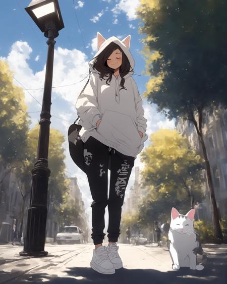 1girl, cat, outdoors, hood, smile, closed eyes, pants, long hair, shoes, hoodie, sneakers, solo, white footwear, city, tree, black pants, building, lamppost, hood down, animal, walking, sky