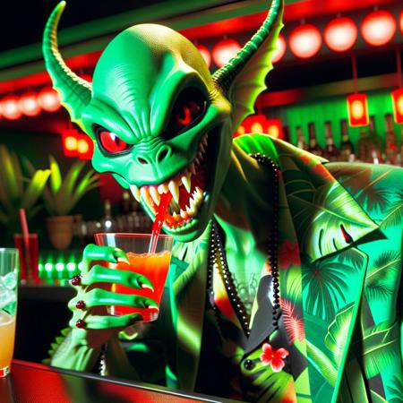 Vampyfangs1. a film still photo. 35mm. 4k. From a 2003 movie. A green vampire alien wearing a hawaiian shirt is showing off his fangs, he is drinking a cocktail at a bar.
