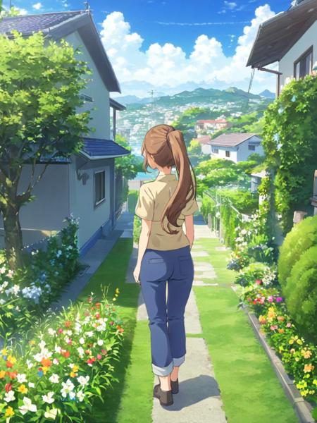 <lora:donghua:1>,day,shirt,standing,utility pole,sky,scenery,power lines,plant,flower,solo,outdoors,ponytail,from behind,tree,house,blue sky,hose,1girl,building,pants rolled up,long hair,pants,cloud,grass,capri pants,brown hair,