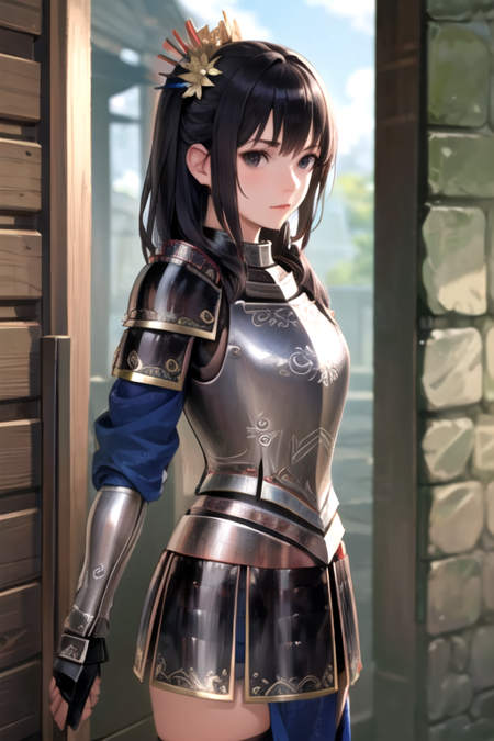 KichoKessen, 1girl, solo, black hair, hair ornament, armor, black eyes, shoulder armor, breastplate, japanese armor