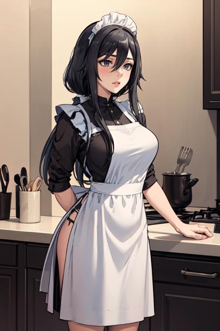 masterpiece, best quality, absurdres, perfect anatomy, 1girl, solo, RyobaAishi, maid, maid headdress, maid apron, kitchen, <lora:CHAR-RyobaAishi:0.8>