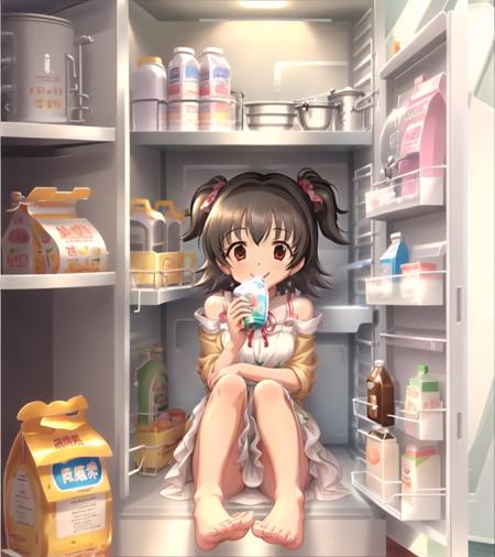 Akagi Miria sitting in_refrigerator; in container, 1girl, barefoot, short hair, black hair, smile, brown eyes, two side up, milk, food,
dress, eating, feet, food, refrigerator, looking at viewer,   milk carton, neck ribbon, refrigerator, sitting, solo, in kitchen, light
<lyco:in_container-step-30000:0.6>  <lyco:u149-v3.1:1>