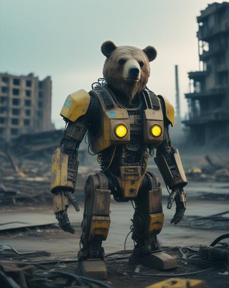 A cybernetic Bear stands amidst ruins, with one side resembling a mechanical robot and the other side retaining its natural fur. The background is a desolate wasteland with crumbling buildings, rusted machinery, and a toxic yellow sky. Incorporate subtle details like glowing blue circuits, exposed wires, and worn leather straps to convey a sense of decay and technological overreach