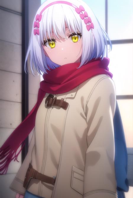 paulamccoy, <lora:paula mccoy s2-lora-nochekaiser:1>,
paula mccoy, short hair, bow, (yellow eyes:1.3), white hair, hair bow, hairband,
BREAK scarf, red scarf, coat, long sleeves, wide sleeves, white coat,
BREAK indoors, classroom,
BREAK looking at viewer, (cowboy shot:1.5),
BREAK <lyco:GoodHands-beta2:1>, (masterpiece:1.2), best quality, high resolution, unity 8k wallpaper, (illustration:0.8), (beautiful detailed eyes:1.6), extremely detailed face, perfect lighting, extremely detailed CG, (perfect hands, perfect anatomy),