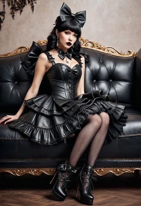 dvr-lthr, (leather:1.2), masterpiece, best quality, professional detailed photo of (beautiful woman) wearing (leather intricate gothic lolitadress, multilayered dress, leather lolitafashion, leather lolitashoes:1.3), (extremely wrinkled glossy leather fabric:1.3), (perfect face, beautiful face, symmetric face), (lipstick, blush, makeup:1.2), (frills and lace:1.1), (leather fabric:1.1), (sitting on leather sofa, leather pillows:1.2), (cute lolitashoes, lolitashoes with bows, shoes focus:1.3),
realistic photograph, raw photo, hd, 8k, masterpiece, best quality, 90-60-90