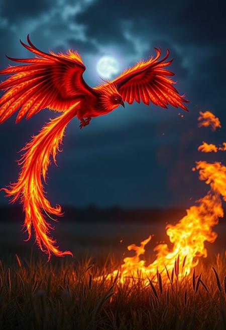 a hellish phoenix flying over a meadow at night, its wings are covered with fire, the fire from its wings flows onto the meadow and sets it on fire, fantasy, real image