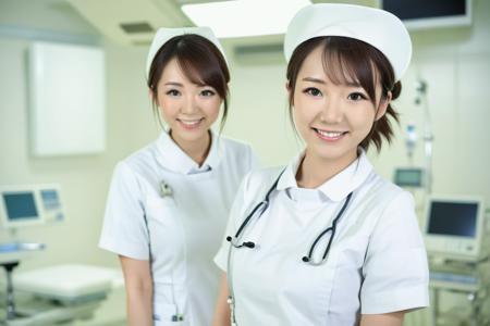 Inside a modern operating room, a young Japanese nurse wears white nurse uniform with nurse cap, with a gentle smile on the face. Full body. DSLR, focused, blurred background,
 <lora:nurse_uniform_xl_v1-000003:1>