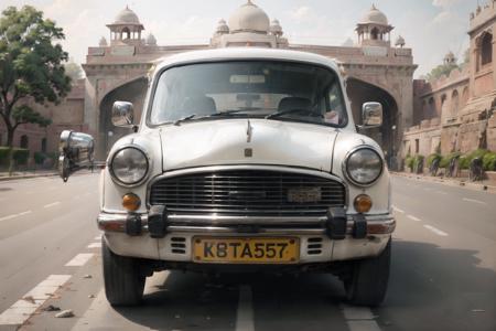 <lora:ambsdr-000006:0.65> ambsdr white body, red emergency light on top, in front of red fort in India, parked on a road, busy street, wide-angle, masterpiece, award winning, natural lighting, urban, sharp focus, smooth, intricate details, 8k wallpaper, trending on artstation