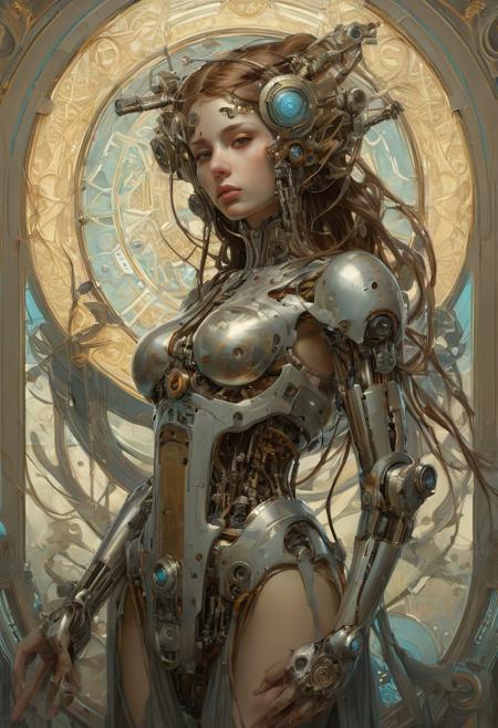 Cyborg android, fantasy, pre-raphaelite style, sinozick, Alphonse Mucha, Agostino Arrivabene, Peter Mohrbacher