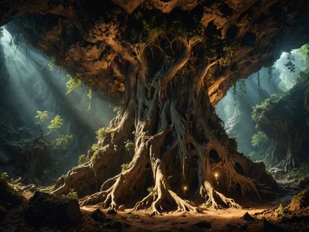 ((masterpiece, UHD< Superb Quality)),  We are in a mighty cavern beneath the overgrown forest above,  The tree roots have grown into a cathedral-like cavern here. This area is very dimly lit, with only a few beams of light passing down through the gaps in the roots above. A knot of roots atop soft soil forms the floor below. <lora:add-detail-xl:1.5> <lora:WildcardX-XL-Detail-Enhancer:1>