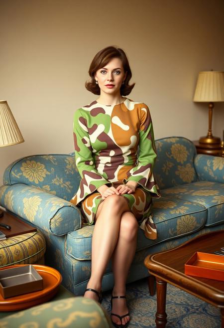 masterpiece portrait of seated woman in 1960s mini dress::1.4, 1960s vintage magazine style::1.2, mid-century retro art::1.1,
(physical description: adult woman seated on armrest of floral sofa, legs crossed, long-sleeved mini dress with bell sleeves, psychedelic green-brown-cream pattern:1.1),
(facial features, expression: neutral expression, facing forward, soft makeup with a subtle 60s flair:1.0),
(clothing details: abstract-patterned mini dress in green, brown, and cream tones, hem mid-thigh, fabric draped naturally:1.0),
(accessories: none prominent, understated style typical of 1960s casual fashion:0.9),
(background setting: mid-century living room with blue and yellow floral sofa, green armchair, wooden coffee and end tables with ashtrays and a vintage lamp:0.9),
(lighting style: warm ambient lighting with slight yellow-orange cast typical of incandescent bulbs:0.8),
(composition and camera framing: straight-on eye-level shot, full figure in seated pose with room elements framed behind:1.0),
(emotional tone or theme: relaxed domesticity with a subtle retro elegance, casual yet composed:0.9),
(technical execution: grainy texture reminiscent of 1960s film photography, slight vignetting, soft shadows:0.8)