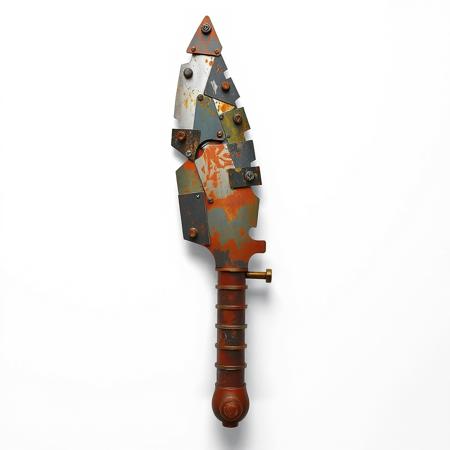 (pure white color background:1.5), single scavenged scrap metal machete with a long blade made from a patchwork of metal plates fastened together with large bolts and nails,  post apocalyptic style<lora:Dieselcore_Flux:0.5>,