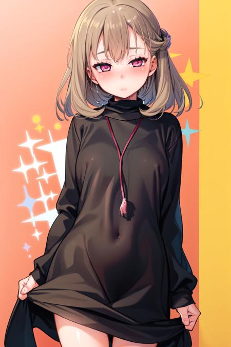 cowboy shot, solo, 1girl, pupils sparkling, light brown hair, curtained hair, pink eyes, black sweater dress, flag background <lora:Mameojitan_style_v03:1>