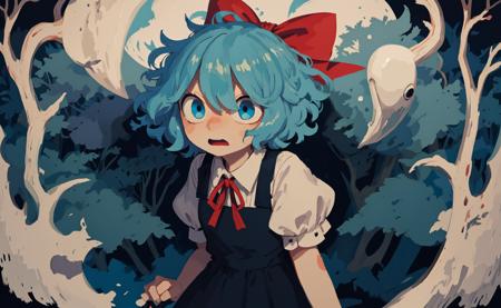 cirno, solo, puffy short sleeves, blue hair, blue bow, hair bow, hair between eyes, blue eyes, neck ribbon, blue dress, ice wings, white shirt, pinafore dress, short hair, red ribbon, terrified, scared, horrified
(darkness:1.2), night, (ghost:1.1), fog, outdoors, forest, pine tree, spooky, horror \(theme\), masterpiece, best quality