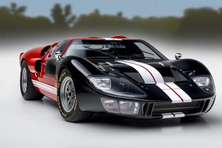 (black GT40_MKII, ghost flame paint), white rally stripes, from side, dark tinted windows, parked on a white reflective surface,
masterpiece, rule of thirds, absurdres, volumetric lighting, subsurface scattering, high detail, nature background, motion blur, full sharp, photography, trending on artstation, sharp focus, studio photo, intricate details, highly detailed, by greg rutkowski, car magazine cover, award winning photography, ford tough, RIP Carroll Shelby,
shot on a Sony A7III, 8k uhd, bokeh, dutch angle, dramatic angle, intentional camera movement, camera tricks,
<lora:GT40MKII_SDXL_v01:1>