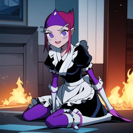 <lora:ester-02:1> ester, full body, maid outfit, fire background, blue floor, green sky, masterpiece, best quality