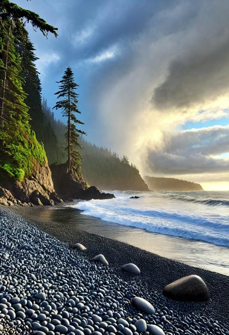 a photograph of a beach on the Pacific northwest coast, rocky pebble beach, a large looming evergreen cedar Forrest looming, the ocean is vibrant and crashing, deep vivid blues and greens, the sky is grey and clouds are heavy the sun is radiating however cutting through a break in the thick looming storm clouds, epic, realism, photo-realism, highest quailty, highest detail, professional, landscape, nature