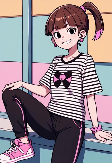 SonyaToast, 1girl, brown hair, blunt bangs, black eyes, ponytail with pink accents, pink scrunchie, fuchsia pearl earrings short-sleeved black white striped shirt black pants pink white high-top sneakers <lora:SonyaToast:1>