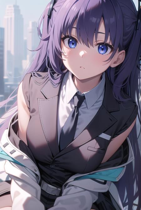 yuuka, blue eyes, halo, purple hair, two side up, long hair, belt, black gloves, (black suit:1.5), black skirt, blue necktie, gloves, halo, jacket, necktie, off shoulder, skirt, two-sided fabric, two-sided jacket, white belt, (white jacket:1.5),