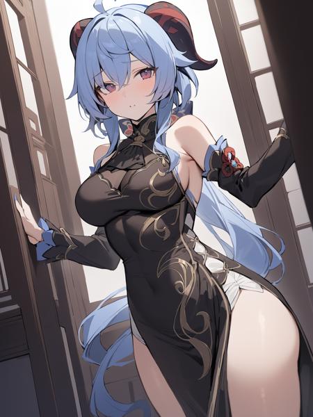 shenhe is a girl with light blue hair and blue eyes,She is wearing the "Lenghuayoulu" outfit which includes black china dress and black black sleeves,