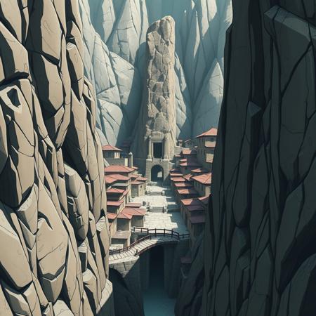 A liminal space in Iwagakure, the Hidden Stone Village, exactly as seen in Naruto. Massive rock formations rise around the village, their jagged edges worn smooth by time. The buildings, carved directly into the stone, blend seamlessly with the cliffs, their earthy tones merging with the landscape. The Tsuchikage’s tower, a monolithic structure of solid rock, stands in the center, dominating the skyline.
The village is completely empty—no shinobi, no movement, only the distant sound of wind brushing against the stone. The narrow streets, usually bustling with activity, are eerily silent. The stone bridges stretch across deep ravines, leading to doorways that open into darkness. The weight of the surrounding mountains feels oppressive, making the village seem trapped in stillness, frozen in time. Iwagakure stands strong, unchanged, yet abandoned, as if waiting for life to return.