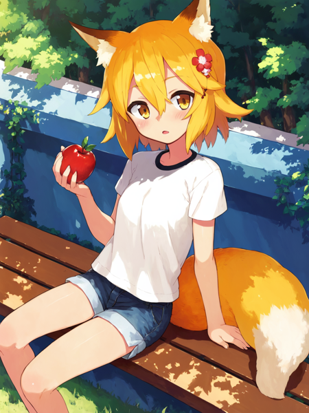 score_8_up, score_7_up, score_6_up, best quality, masterpiece, source_anime,  (by tony taka:0.7),
BREAK
a girl sitting on a bench and holding apple, she wearing T-shirt and jeans shorts, looking at viewer, 
BREAK
sen, blonde hair, animal ears, fox ears, blush, animal ear fluff, hair ornament, fox girl, hair flower, hair between eyes, short hair, fox tail, tail, flat chest, yellow eyes, young girl
<lora:senko_ponyxl_v1:1>