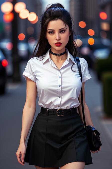 photo of <lora:anniesorrell-10:0.7>, anniesorell,a woman with ((pale skin, hair up, hair in bun):1.1),((pale skin, black hair):1.1), ((cowboy shot, waist, hips, thighs):1.2), ((collared dress shirt, choker, skirt):1.2),((walking,outdoors, city street, at night):1.2),((detailed face, beautiful face, detailed eyes, beautiful eyes):1.1), ((red lipstick, eyeliner, eye shadow):1.2),((best quality, masterpiece, extreme details):1.2) ((detailed eyes, detailed face):1.2),modelshoot style, (extremely detailed CG unity 8k wallpaper), photo of the most beautiful artwork in the world, professional majestic (photography by Steve McCurry), 8k uhd, dslr, soft lighting, high quality, film grain, Fujifilm XT3 sharp focus, f 5.6, High Detail, Sharp focus, dramatic