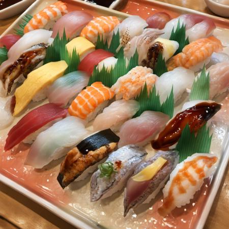 nigiriL, sushi, food focus, food, still life, vegetable, plate, realistic, 