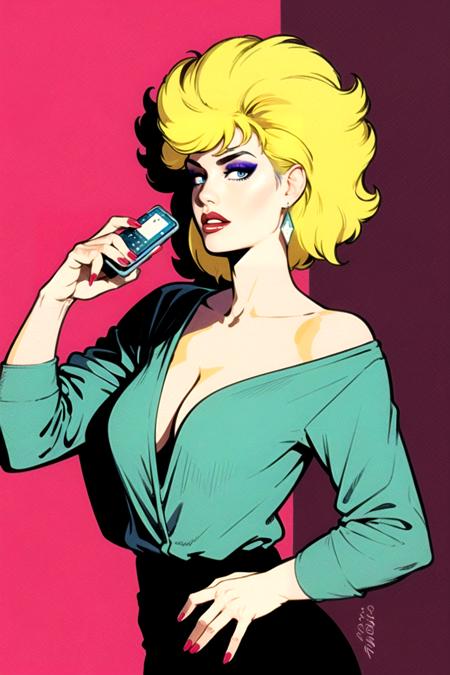 masterpiece, best quality, 1girl, solo, artstyle_pabloromero_ownwaifu,  www.ownwaifu.com, retro artstyle, 1980s \(style\),painting \(medium\), halftone_background, 
aqua nails, blonde hair, blue nails, breasts, cellphone, cleavage, cup, earrings, jewelry, lipstick, makeup, nail polish, phone, pink nails, purple nails, red nails, retro artstyle, smartphone, solo, yellow nails