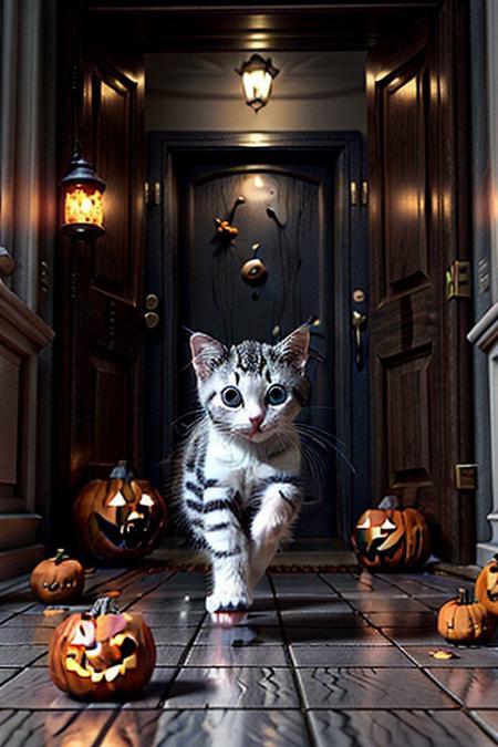 Capture a full hyper-realistic photograph of an adorable  white kitten running halloween town with ghosts flying around and jack o lanterns in doorways, cutest kitten in civitai, side view, chubby kitten, short legs, close up, c4d, blender, raytracing, unreal engine 5, render 3d,