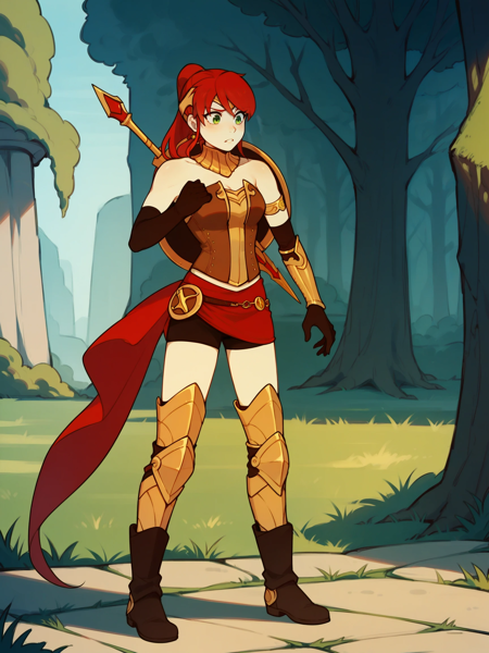 PyrrhaNik0s, 1girl, red hair, long hair, ponytail, green eyes, athletic female PyrrhaHuntress, bracers, boots, elbow gloves, leg armor PyrrhaSchUnif, school uniform, thighhighs, plaid skirt, jacket, black legwear PyrrhaDanDres, red dress, shoes, sleeveless PyrrhaPjms, orange pajamas, pants