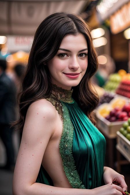 AnneH_SoloTI_v1,
(happy, smile), posing for a picture,
(Clad in a silky emerald gown, accentuated by a delicate lace shawl, exuding allure and grace),
(A bustling marketplace, with vibrant stalls overflowing with exotic fruits and colorful textiles, painting a scene of dazzling beauty: 1.3),
(seductive:1.3),(analog, cinematic, film grain, hazy atmosphere, cinematic shot:1.3), 
 <lora:add_detail:0.6>,<lora:LowRa:0>, PA7_Portrait-MCU,