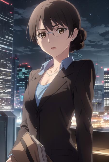 akikikuchihara, <lora:aki kikuchihara s1-lora-nochekaiser:1>,
aki kikuchihara, brown hair, (brown eyes:1.5), glasses, mature female,
BREAK jewelry, earrings, necklace, formal, suit, lipstick, office lady,
BREAK outdoor, city, night, sky, buildings, moon, clouds,
BREAK looking at viewer, (cowboy shot:1.5),
BREAK <lyco:GoodHands-beta2:1>, (masterpiece:1.2), best quality, high resolution, unity 8k wallpaper, (illustration:0.8), (beautiful detailed eyes:1.6), extremely detailed face, perfect lighting, extremely detailed CG, (perfect hands, perfect anatomy),