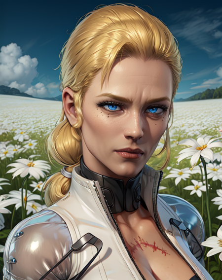 TheBoss,blonde hair,low ponytail,blue eyes,mole under right eye,white bodysuit,cleavage,
standing,navel,scar,
flower field,
(insanely detailed, beautiful detailed face, masterpiece, best quality),<lora:TheBoss-10MGS3:0.8>,