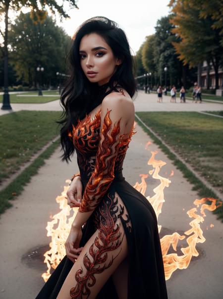 RAW photo, 1girl, long straight black hair, posing, long dress made of fire and flame, complex park background, 
<lora:FireFashion70:0.6> FireFashion, 8k uhd, dslr, soft lighting, high quality, film grain, Fujifilm XT3, (intricate details:0.9), (hdr, hyperdetailed:1.2)