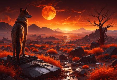 Sunset blaze with amber waves, Futuristic dystopian, Fiery reds and oranges of a volcanic landscape, Mysterious alien landscape with exotic flora, Packs of wolves howling under a full moon, Sudden hailstorm pelting a rocky landscape, Grieving widow visiting a grave at sunset, Stones that emit warmth and light when touched
