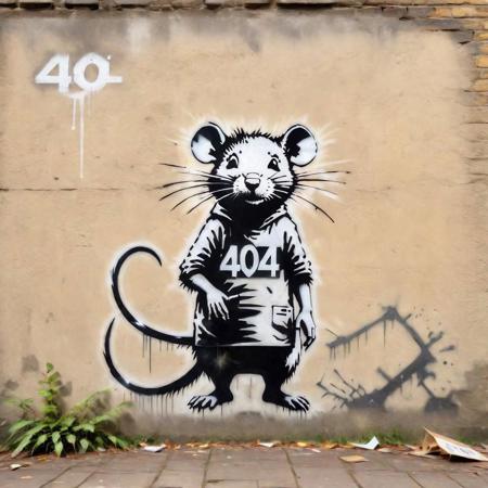 Banksy Style - banksy stencil of a 404 error, text "404", rat, thought-provoking graffiti street art, hyper detailed, natural lighting, studio quality, film grain, UHD, DSLR, sharp focus, 8k high definition, UHD ,DSLR, professional film photography, trending on Artstation, professional photo, insanely detailed, intricate details, masterpiece
