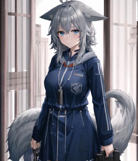 zaphn, incredibly absurdres, best quality, amazing detail, 8k, 4k, ears down, 1girl, sad, animal ears, animal ear fluff, fox ears, huge ahoge and short hair with long locks, grey hair, winter coat, cowboy shot