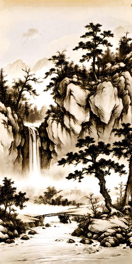 hezi, landscape painting, ancient painting texture, tree, scenery, no humans, monochrome, traditional media, rock, water, grass, outdoors, plant, nature, river, cliff, bridge, waterfall, mountain, landscape, architecture, flower, stone, sepia, branch, east asian architecture, leaf, spot color, nib pen \(medium\), forest, greyscale, bush<lora:çå­ç³»åââå±±æ°´ç»:0.6>