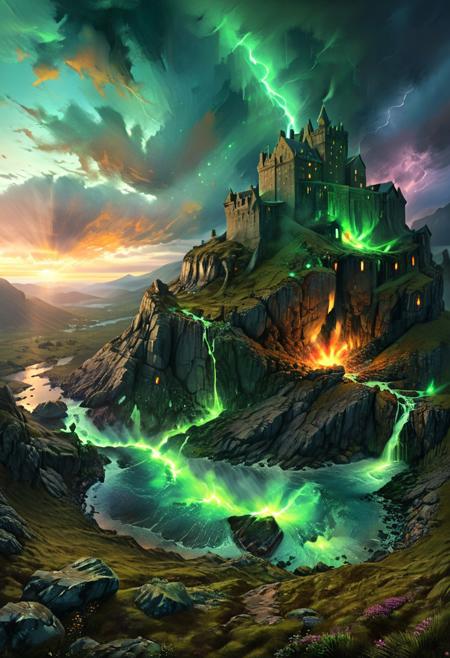 (by Ellen Jewett:1.5), (Bioluminescent Impressionism, Scottish highland  landscape, Flow in the Name of fire* *Channel_42* *中* *Broadcasting* *Artificially_Atypically_Autistically* *Magnetic**Synesthesia* *lightning*, The Dreamland, green earth, heather, sky sunset, sunrise ,waterfall, great castle on a crag, Crag, highland mountains, ethereal landscapes, depth of field, biotech emotion:1.3) <lora:xl_more_art-full_v1:0.5> <lora:add-detail-xl:1> <lora:RMSDXL_Creative:2>*Channel_42* ral-wlfnte, PEAnimeBG, scenery