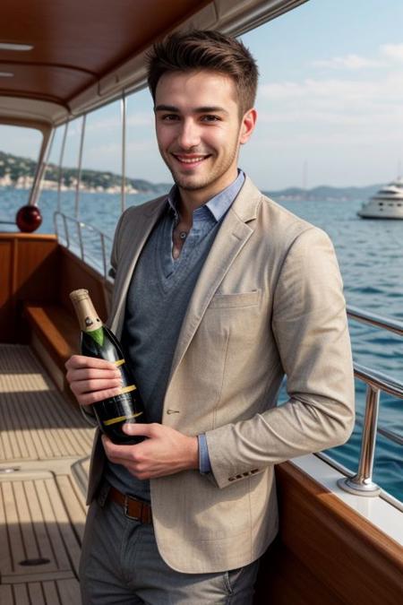 raw photo, (average height 24yo skinny male:1.1), accessories, realistic skin texture, (red:0.8), warm lighting, cosy atmosphere, instagram style, onlyfans, looking at camera seductively, casual, candid, daytime shot on a boat on the french riviera, authentic happy face, beautiful anatomy, 4k, beautiful face, sfw, beautiful hands and fingers, tailored clothing, wearing romantic outfit, holding bottle of champagne